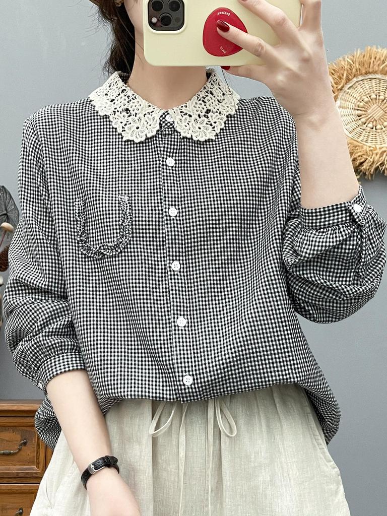 Women's Long Sleeve Plaid Shirt with French Lace Collar, Soft Skin-Friendly Double Layer Cotton