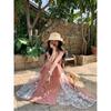 Red and White Grid Splicing Lace Holiday Style Tube Top Dress Women's Summer New Waist Foreign Style Sweet and Spicy Long Dress
