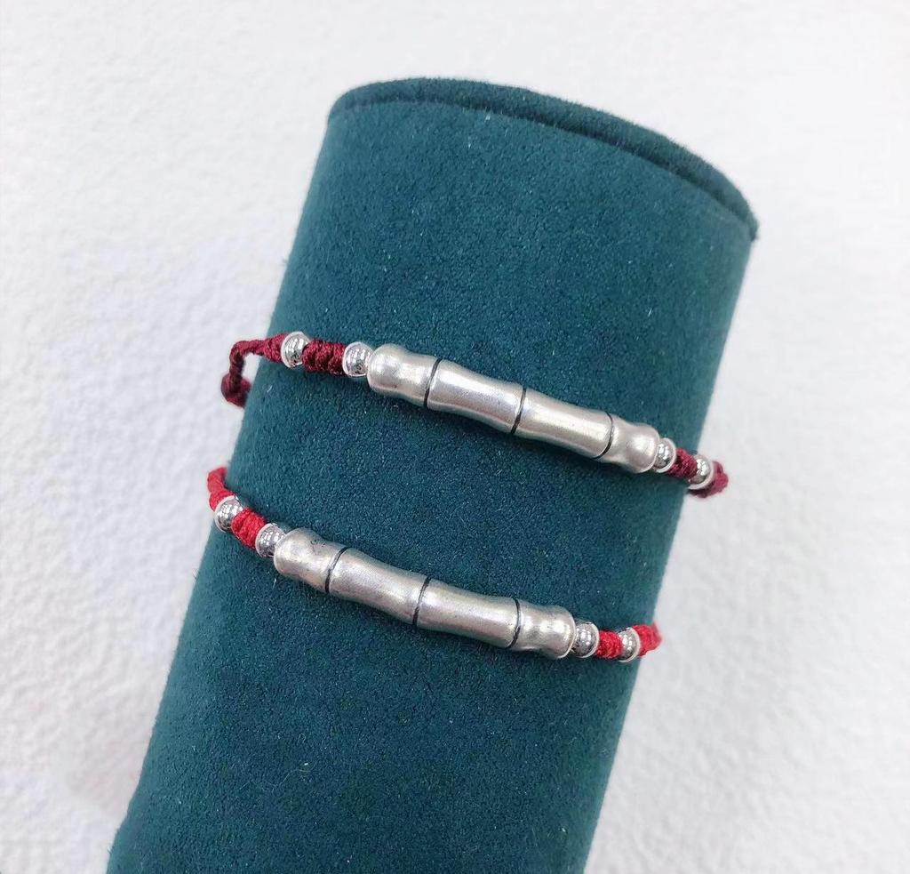 Bamboo Joint Pure Silver 999 Couple Bracelet with Hand-Woven Red Rope - 2025 Commemorative Gift for Couples