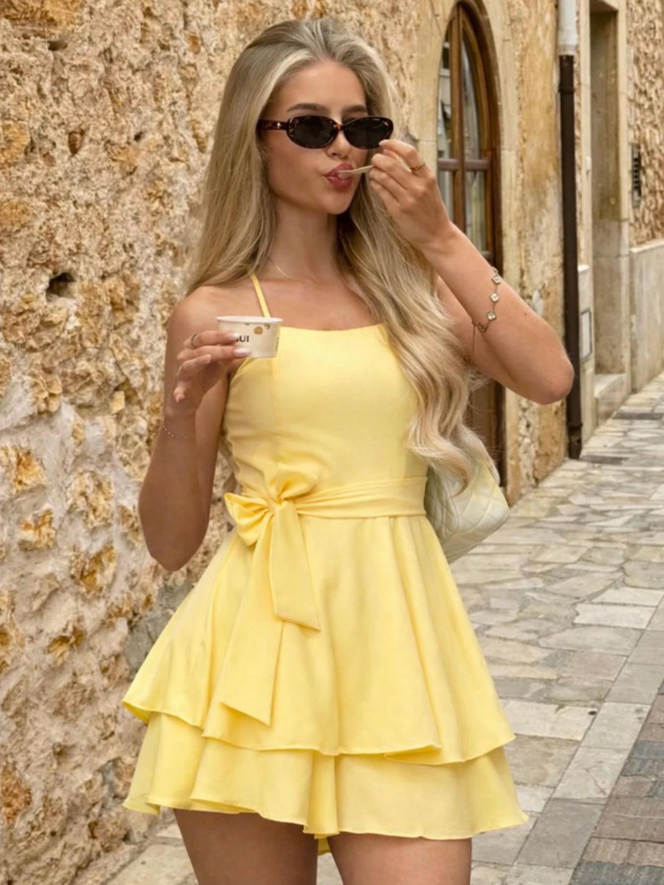 women s Square Neck Spaghetti Strap Mini Dress High Waist Bow Tie Layered Skirt Sundress Romper S жёлтый