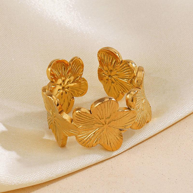 Stainless Steel Flower Adjustable Opening Rings Golden Plated Waterproof Finger Jewelry For Women Wedding Exquisite Gifts