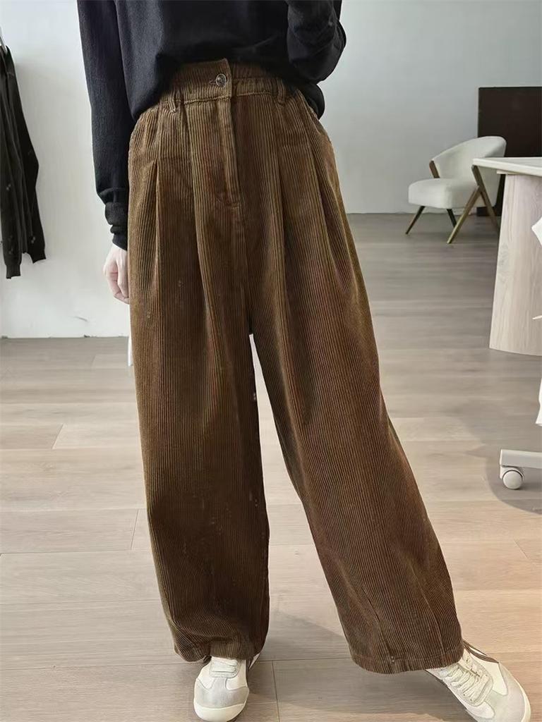Johnature Einfache Damen Frühling Herbst Lockere Cordhosen Lässig Weitbein Gerade Elastische Taille Hose