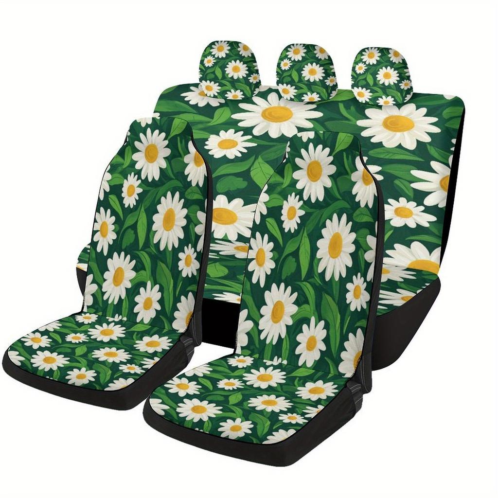 Daisy Pattern Themed Car Seat Covers Set For Most Cars, Fashionable Decorative Car Seat Protector Covers Full Set, Universal Car