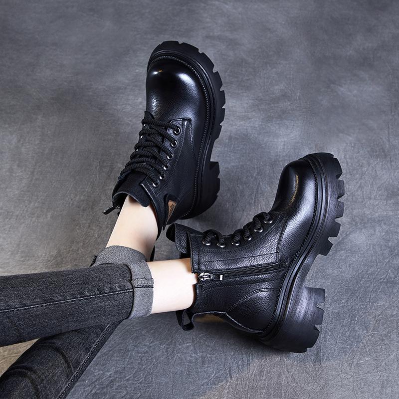 Leather hole platform Martin boots women's autumn new lace-up locomotive boots thick heel heightening British style short boots