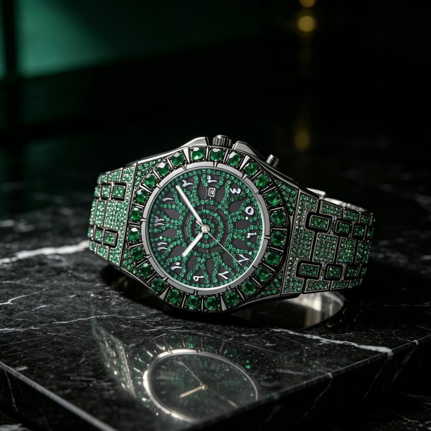 Hip Hop Wristwatch For Men Luxury Ice Out Full Diamond Watches Fashion Green Watch Waterproof Week Display Clock