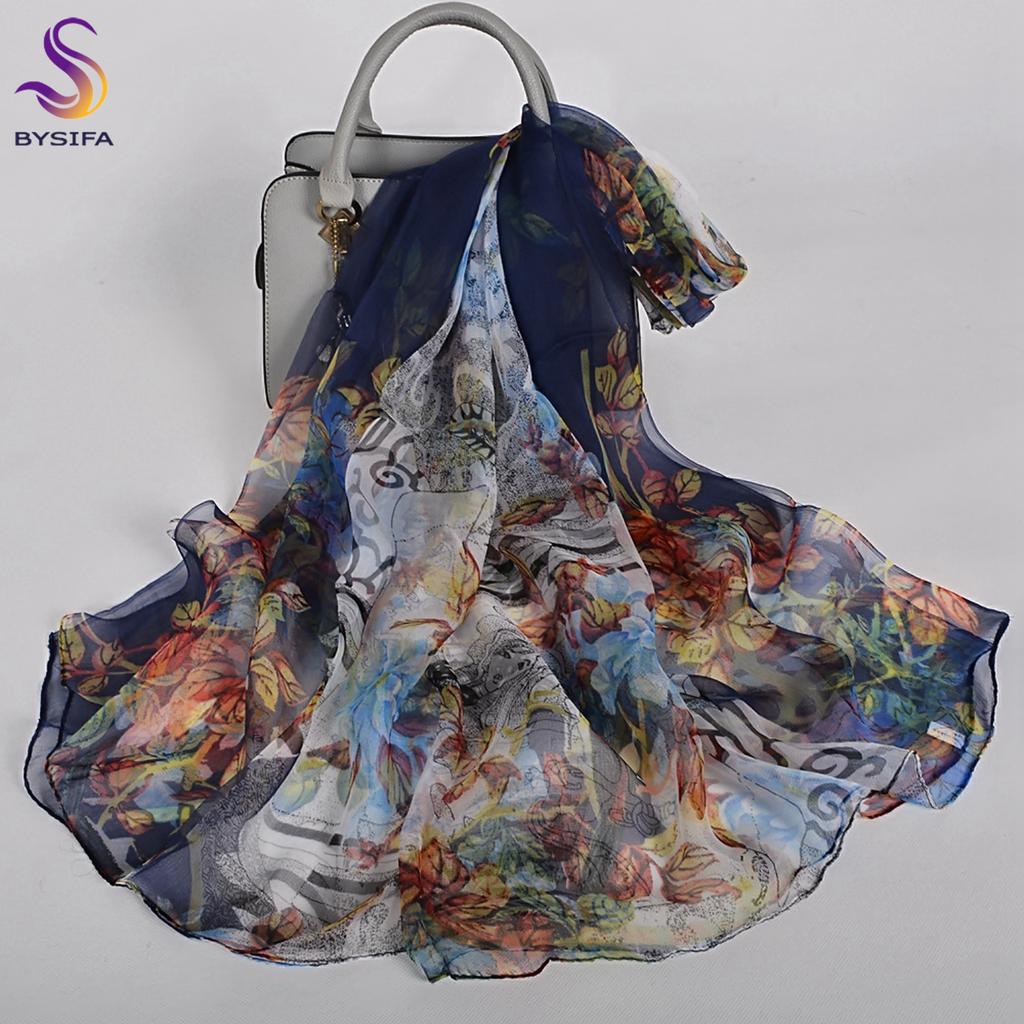 BYSIFA| Beige Pink Women Long 100% Mulberry Silk Scarf Printed Fashion Leave Pattern Brand Spring Ladies Scarves Shawls  170*105