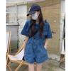 Women's Loose Fit Two-piece Outfit Set Three Quarter Sleeve Denim Shirt Elastic Waist Denim Shorts Casual Matching Suit