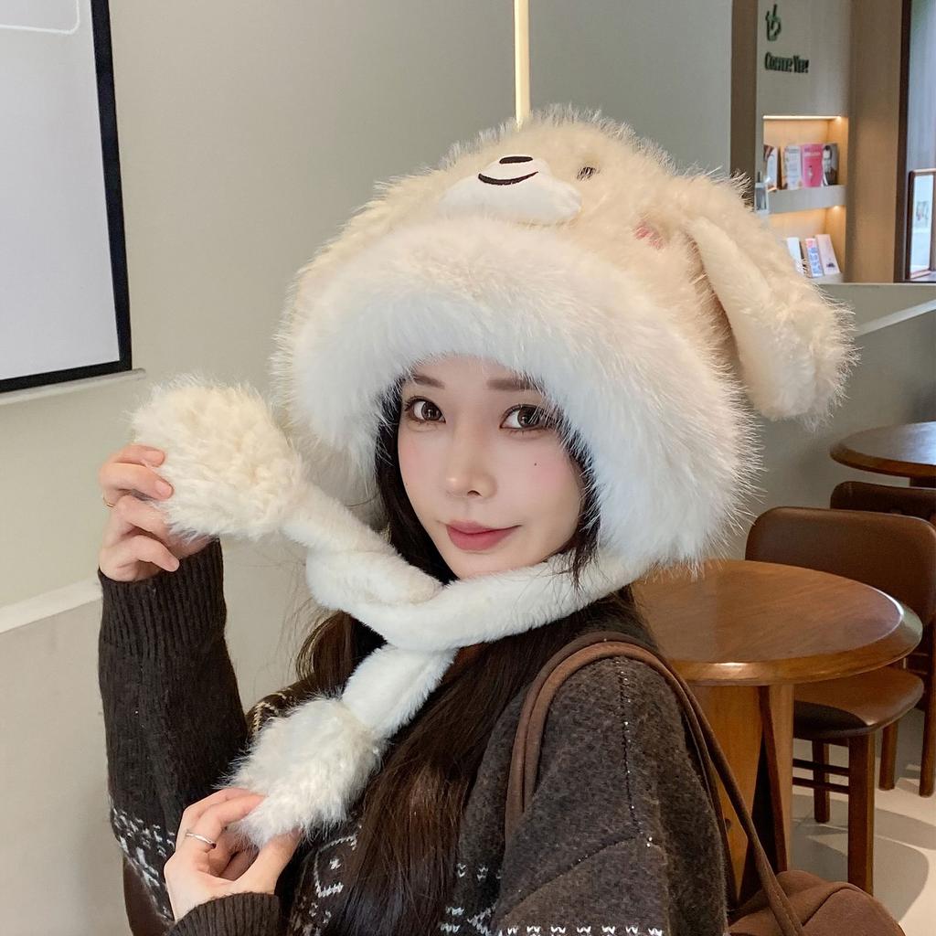 Fashion Plush Ears Trapper Hat Women Winter Warm Fleece Lined Earflap Beanie Tie-strap Bomber Cap