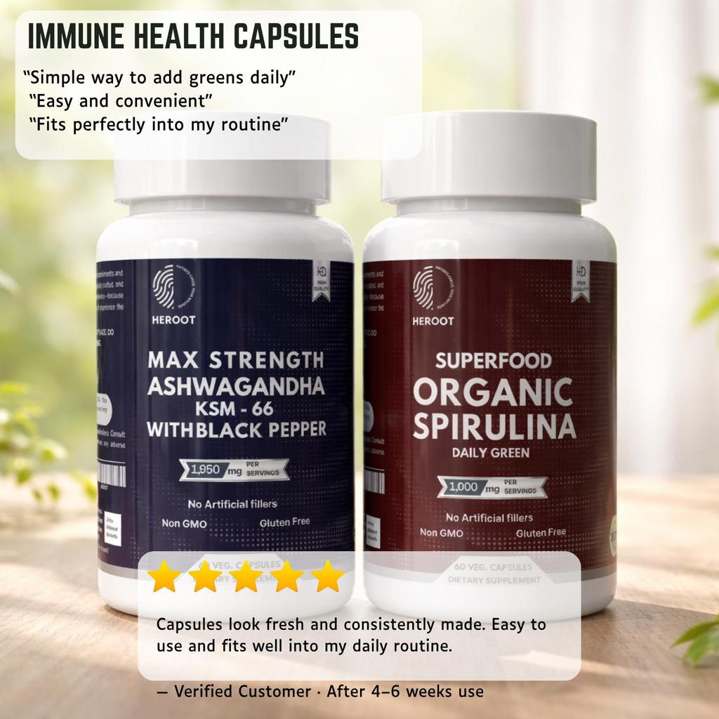 Heroot Kombinácia kapsúl pre bylinnú pohodu | Ashwagandha s čiernym korením a spirulinou