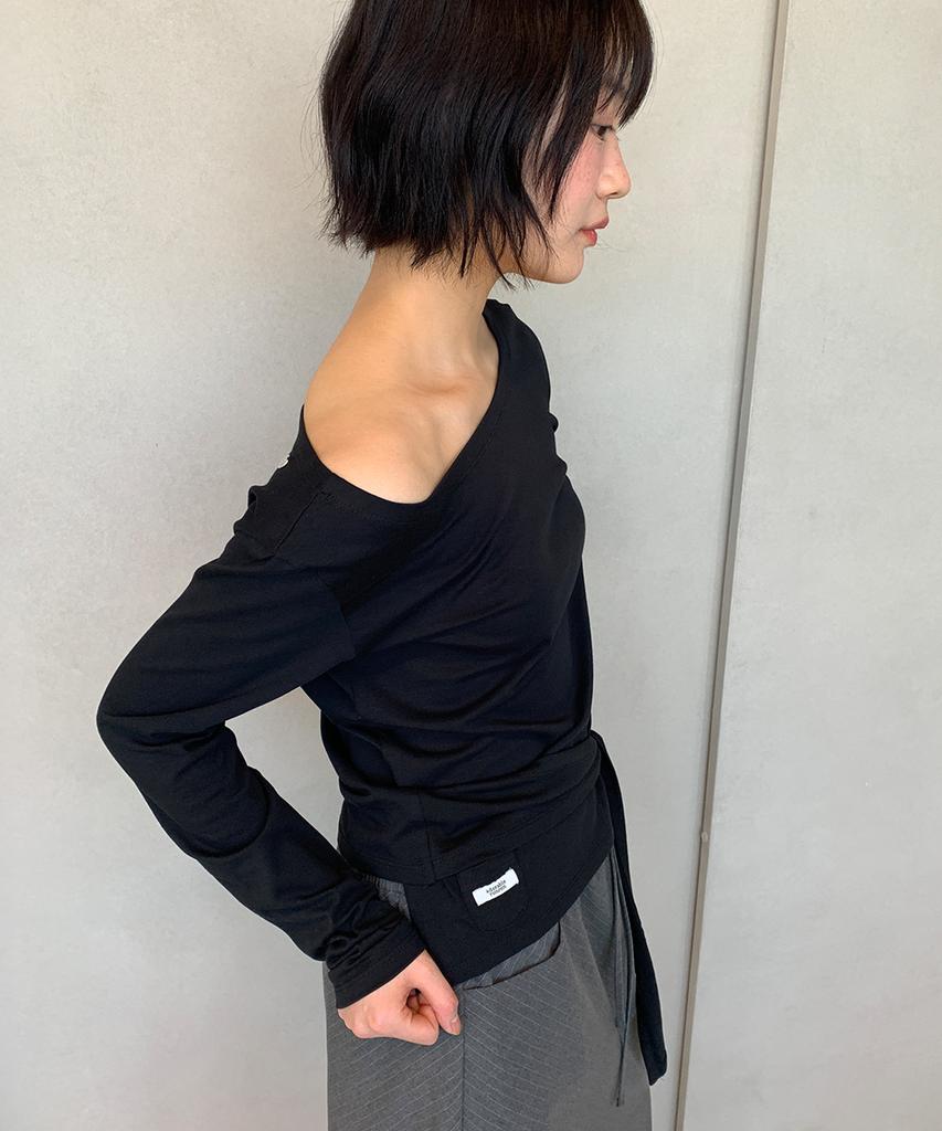 RONRON Waist Tie Off Shoulder Long Sleeve Black