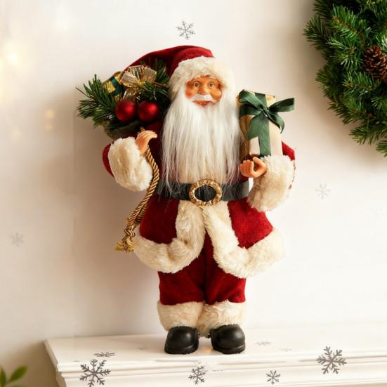 12" Christmas Santa Figurines Standing Santa Claus Doll with Present Box for Holiday Party Window Home Desktop Decoration