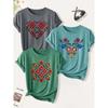 3 Pack of Women's Summer Tops | Heart-shaped Floral Ethnic Print T Shirt | Cute and Trendy Casual Round-neck Short-sleeve Suit | 2026 Summer Vintage