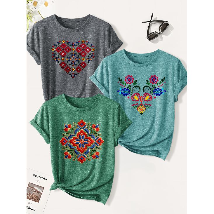3 Pack of Women's Summer Tops | Heart-shaped Floral Ethnic Print T Shirt | Cute and Trendy Casual Round-neck Short-sleeve Suit | 2026 Summer Vintage