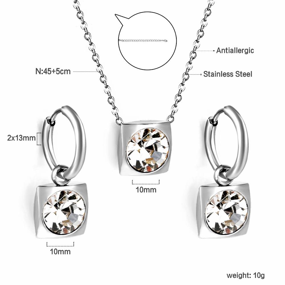 Square Multiple Color Crystal Pendant Necklace Earrings Set Stainless Steel Zircon Set 2Pcs For Women Party Gifts Free Shipping