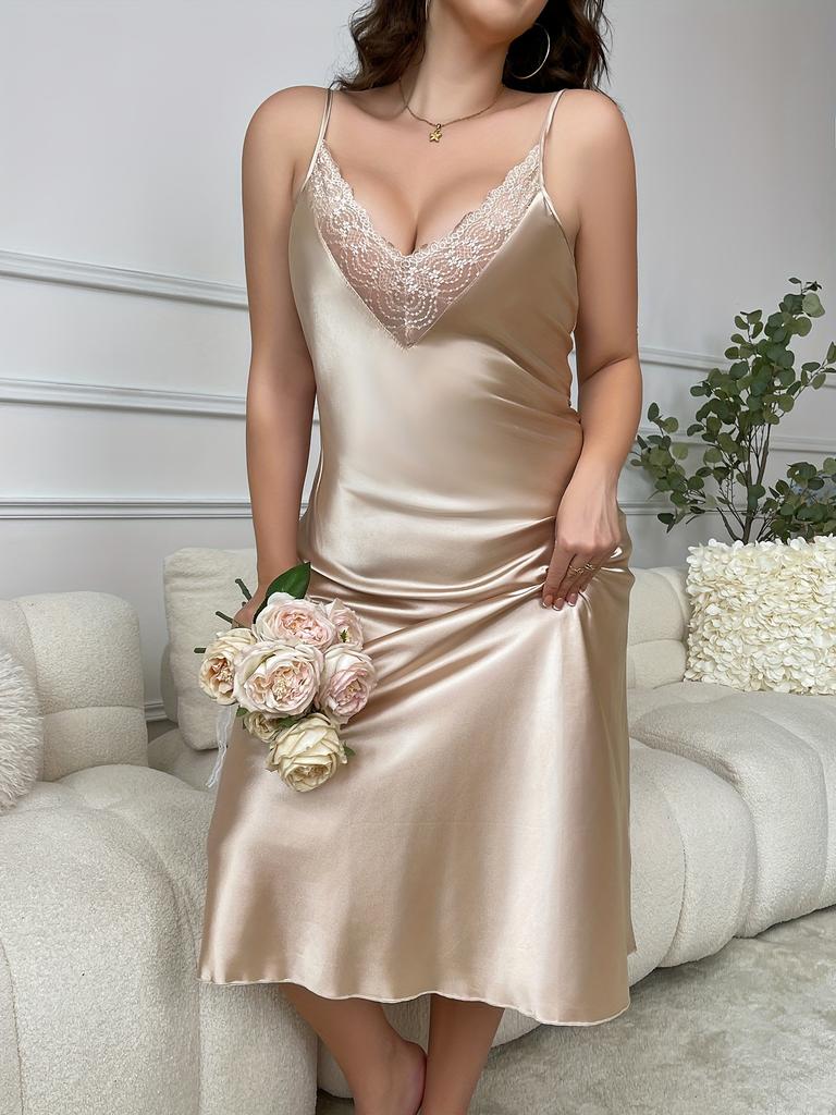 Sexy lace V-neck imitation ice silk nightdress for women, comfortable, casual and sexy, can be worn outside, large size loose long suspender skirt