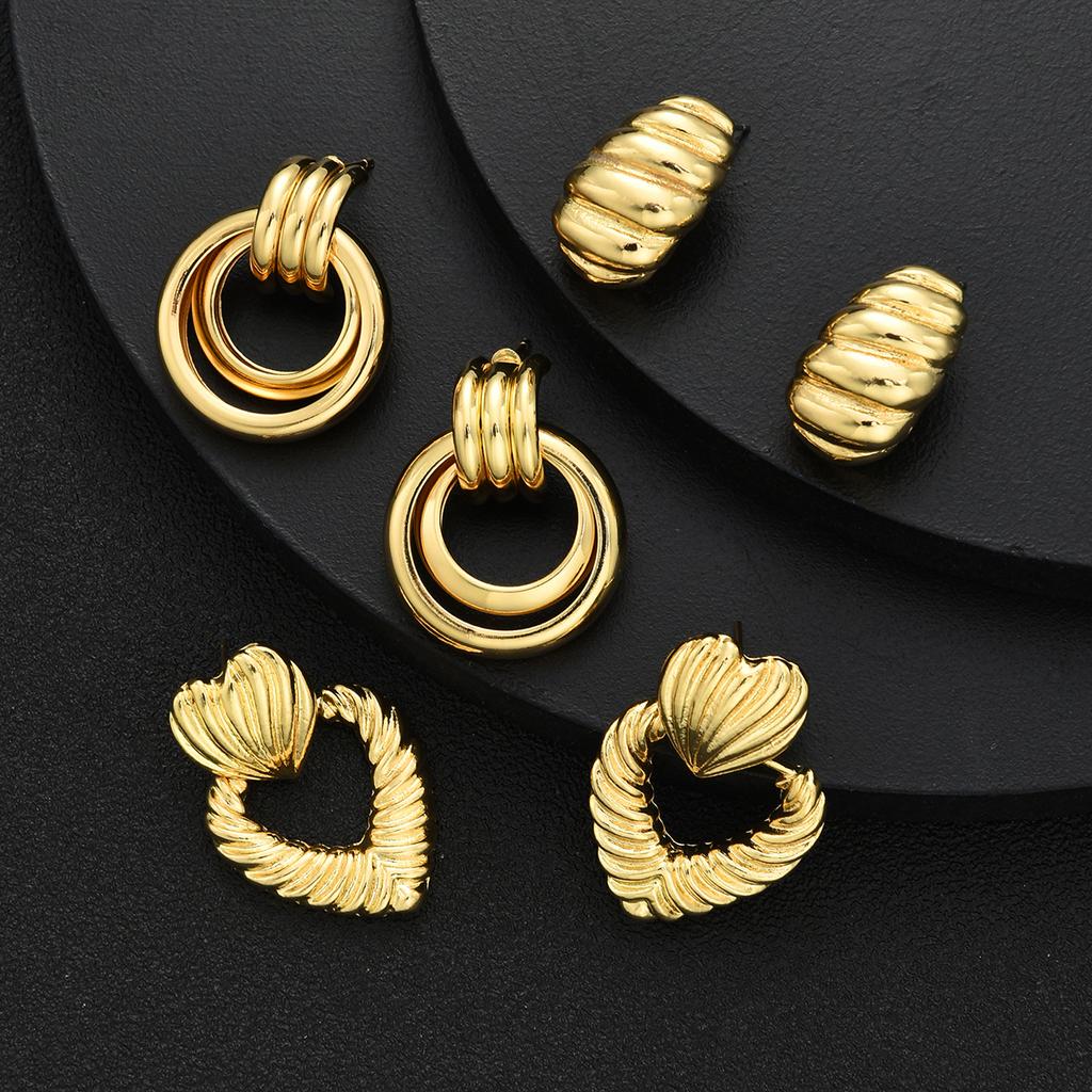 6pcs Fashion Glossy Texture Heart Shaped Earrings Set Gold Color Double Layer Round Circle Stud Earring Vintage Jewelry Gift New
