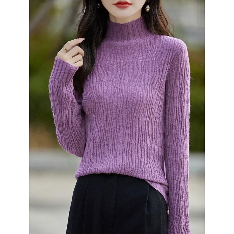 Autumn new long-sleeved round neck bottomed women's clothing thin pleated inside knitted sweater top supply