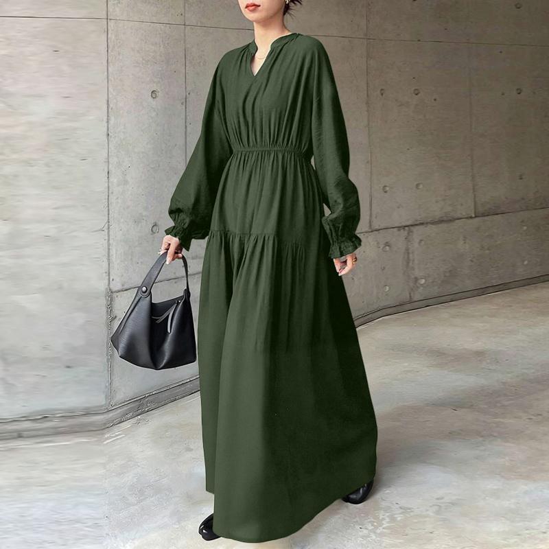 ZANZEA Women Casual V-Neck Long Sleeve Holiday Loose Long Dress