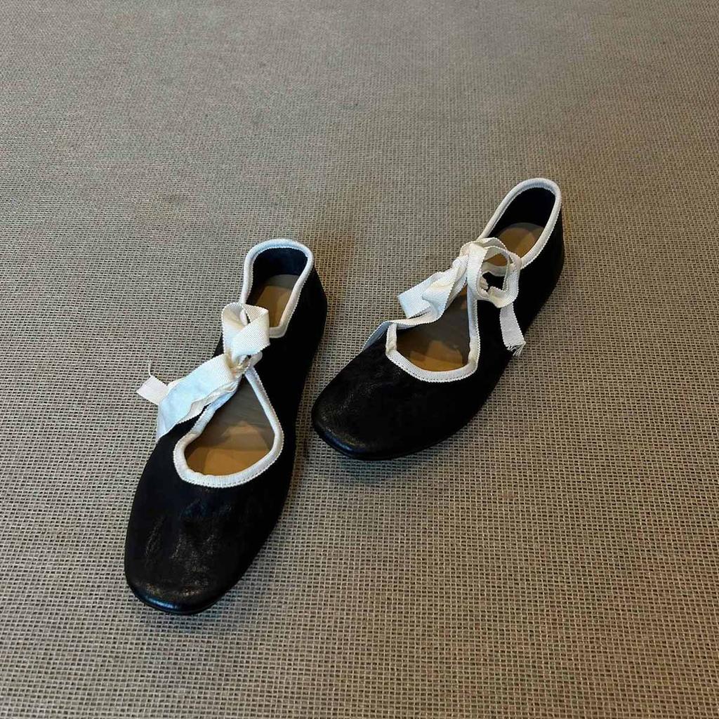 Sheepskin version~ niche literary and artistic style light mouth ballet shoes women's versatile retro contrasting color lace-up flat-soled soft