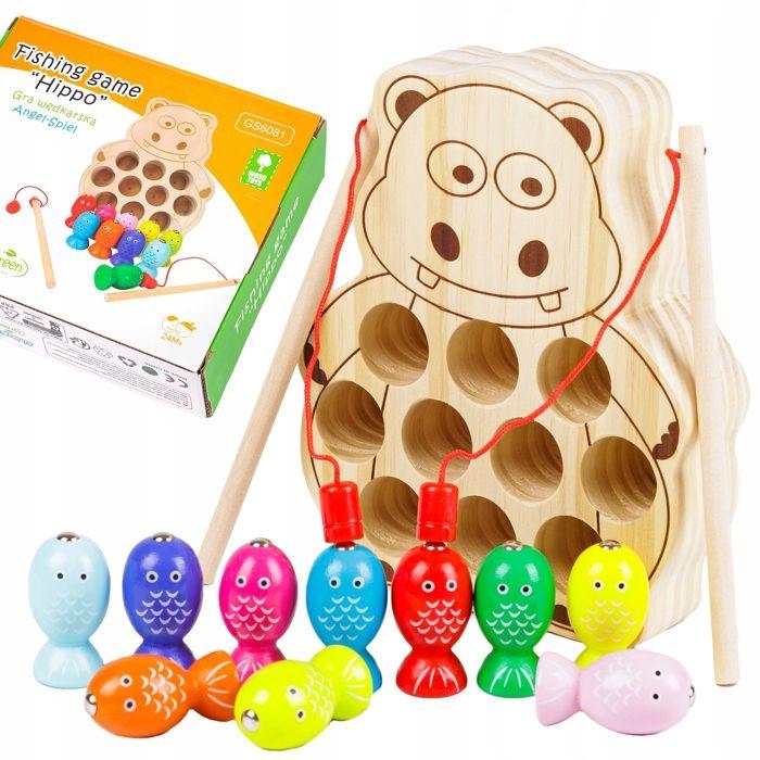 Jeu D'adresse En Bois Pêche À La Ligne Magnétique Hippo, 2 Cannes Et 10 Poissons (GS6081)