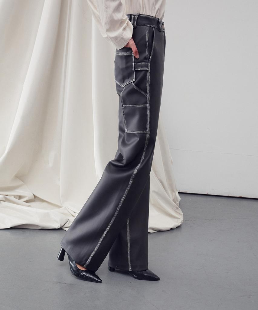 RE RHEE Faux Leather Washed Straight Pants