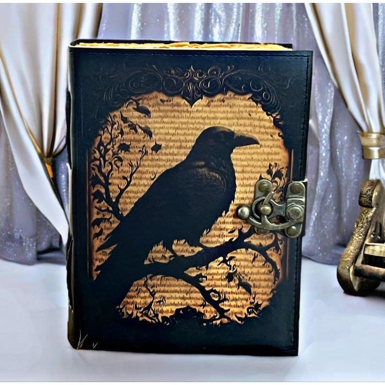 Grimoire Vintage Leather Journal – Raven Grimoire Print, Gothic Spell Book of Shadows, Celestial Witchcraft Journal Gifts