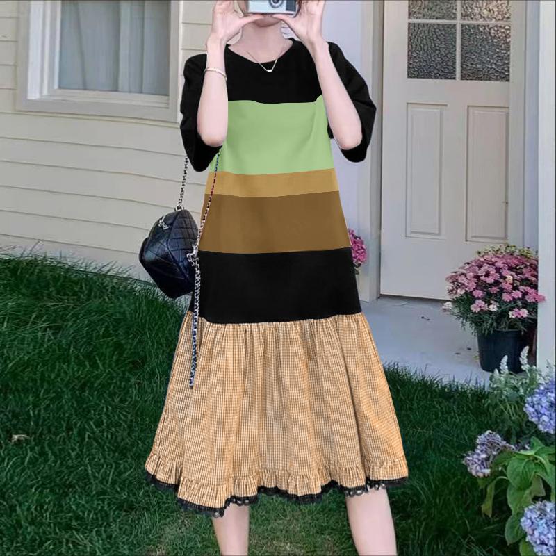 

ZANZEA Женское повседневное летнее платье с круглым вырезом и короткими рукавами, в стиле пэчворк 5XL хаки