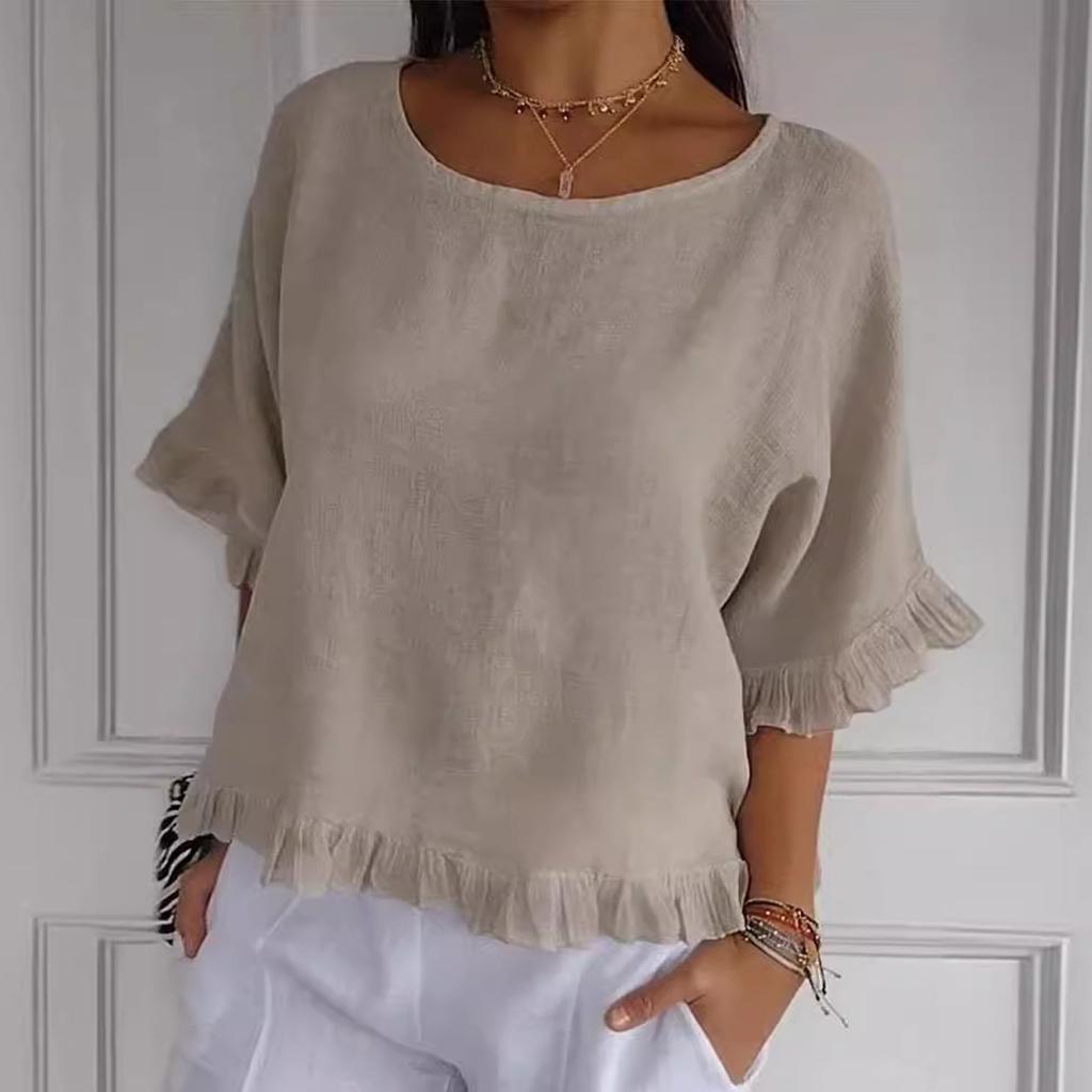 Women's Fashionable Loose Casual Round Neck Solid Color Shirt Top Solid Color Shirt Top