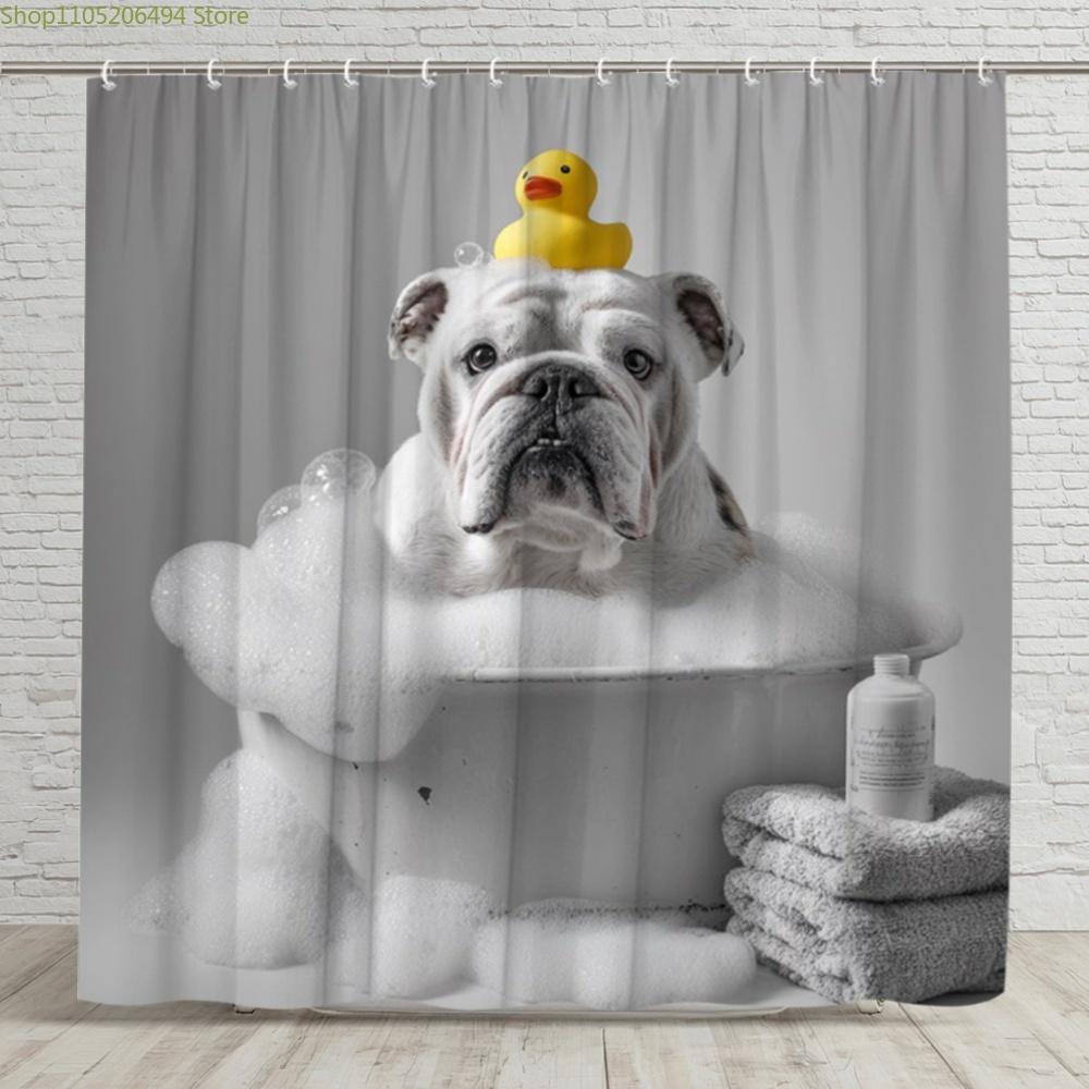 1pc Bulldog in Bathtub Shower Curtain with Rubber Duck - Cute English Bulldog Bath Decor, Polyester Fabric Bathroom Curtain 70