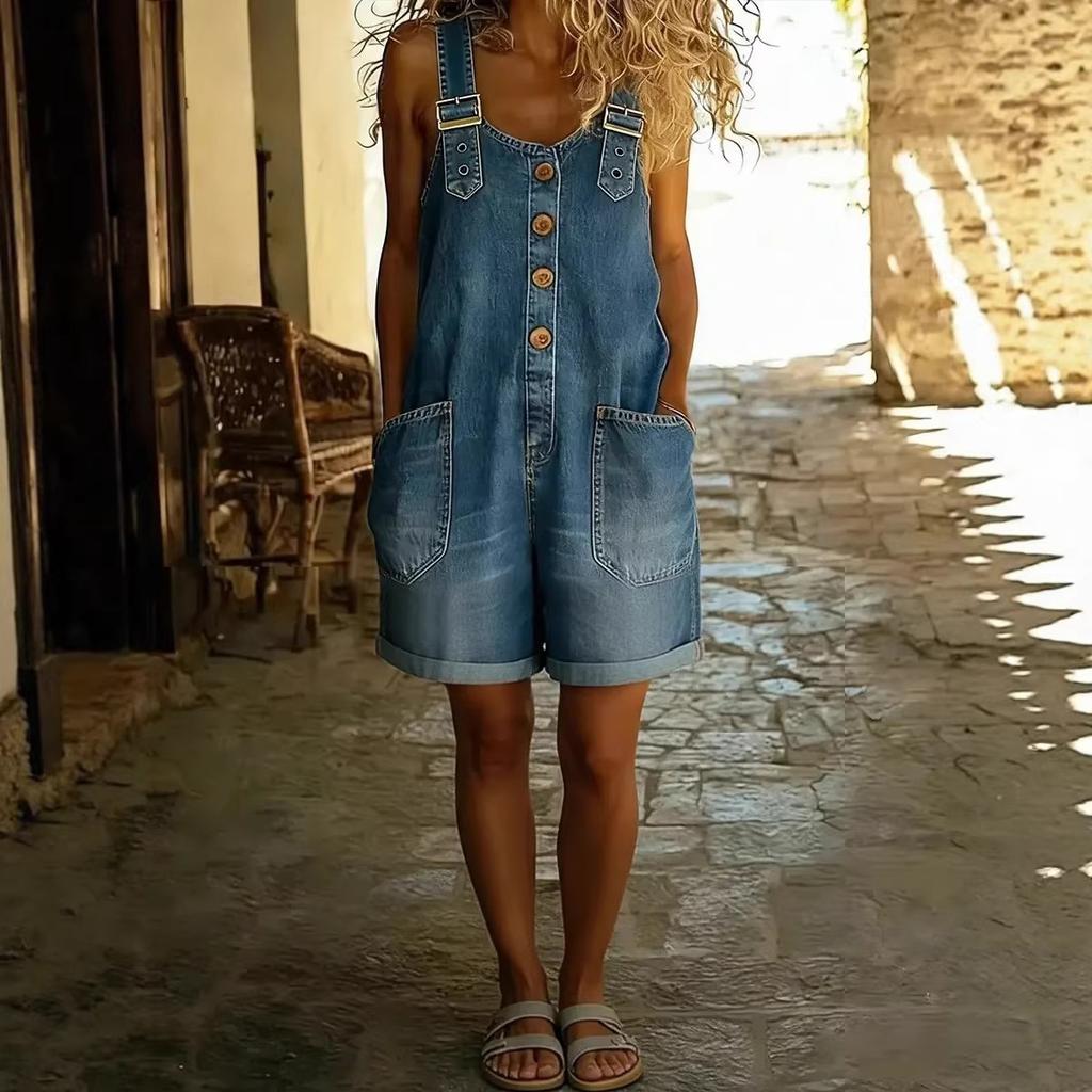 Damskie Modne Retro Krótkie Dżinsowe Kombinezony i Rompery Damskie Casualowe Duże Rozmiary Luźne Dżinsowe Bodysuity Kombinezony z Regulowanym Bu