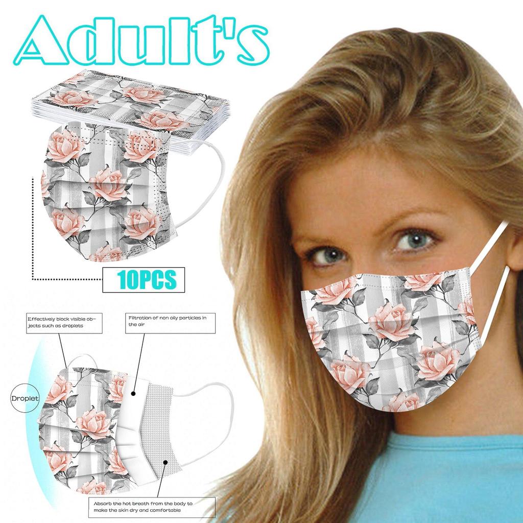 10pcs Flower Printing Adult Disposable Christmas Mask 3 Layer Earring Face Mask
