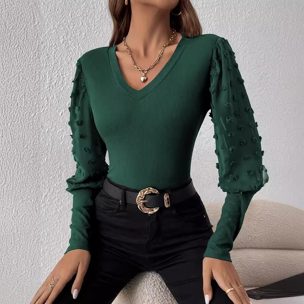 

Elegant Ribbed V Leader Chiffon Splicing Long-sleeved Solid Color T-shirt Skinny Tops Female Versatile Closet Essential Fashion Items Shirt S темно-зелений колір