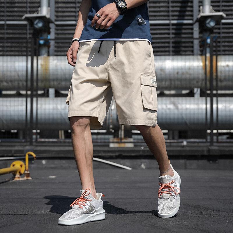 Men's Beige Cargo Shorts, Casual Loose Fit Drawstring Workwear Shorts with Pocket Label Detail