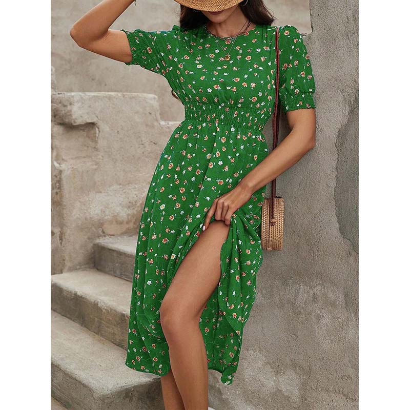 MODIQUE 2025 Yaz Yeni Kadın Zarif Çiçek Desenli Kabarık Kollu Lastikli Bel Uzun Elbise Bayan Günlük A-Kesim O Yaka Elbise