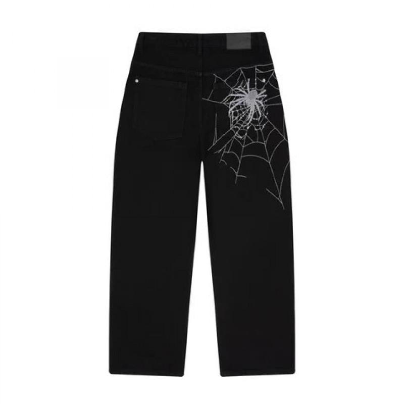 Unisex Streetwear Weite Gerade Geschnittene Jeans mit Spinnennetz-Stickerei Lockerer Sitz Mittlere Leibhöhe Baumwoll-Jeans