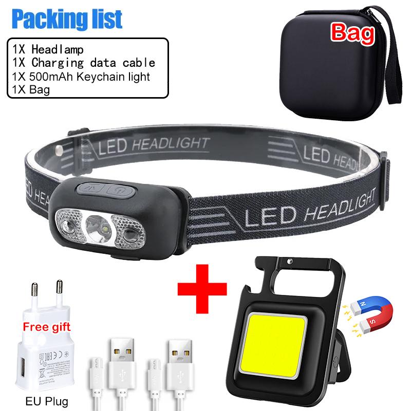 Mini LED Headlamp USB Rechargeable Headlight Wave Sensor Head Flashlight Outdoor Houshold Lamp for Camping Hiking Emergency Fish