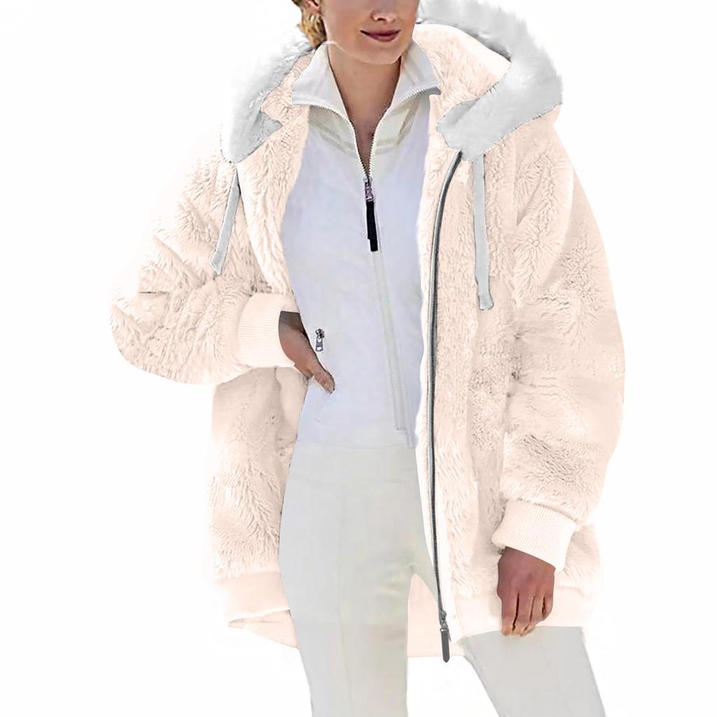 Women's Fashionable Plush Zipper Pocket Hooded Long Sleeved Loose Warm Jacket