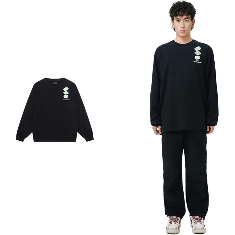 Li-Ning Skateboard Series Back Print Crew Neck Long Sleeve T-Shirt Unisex Tops Black AHST103-3