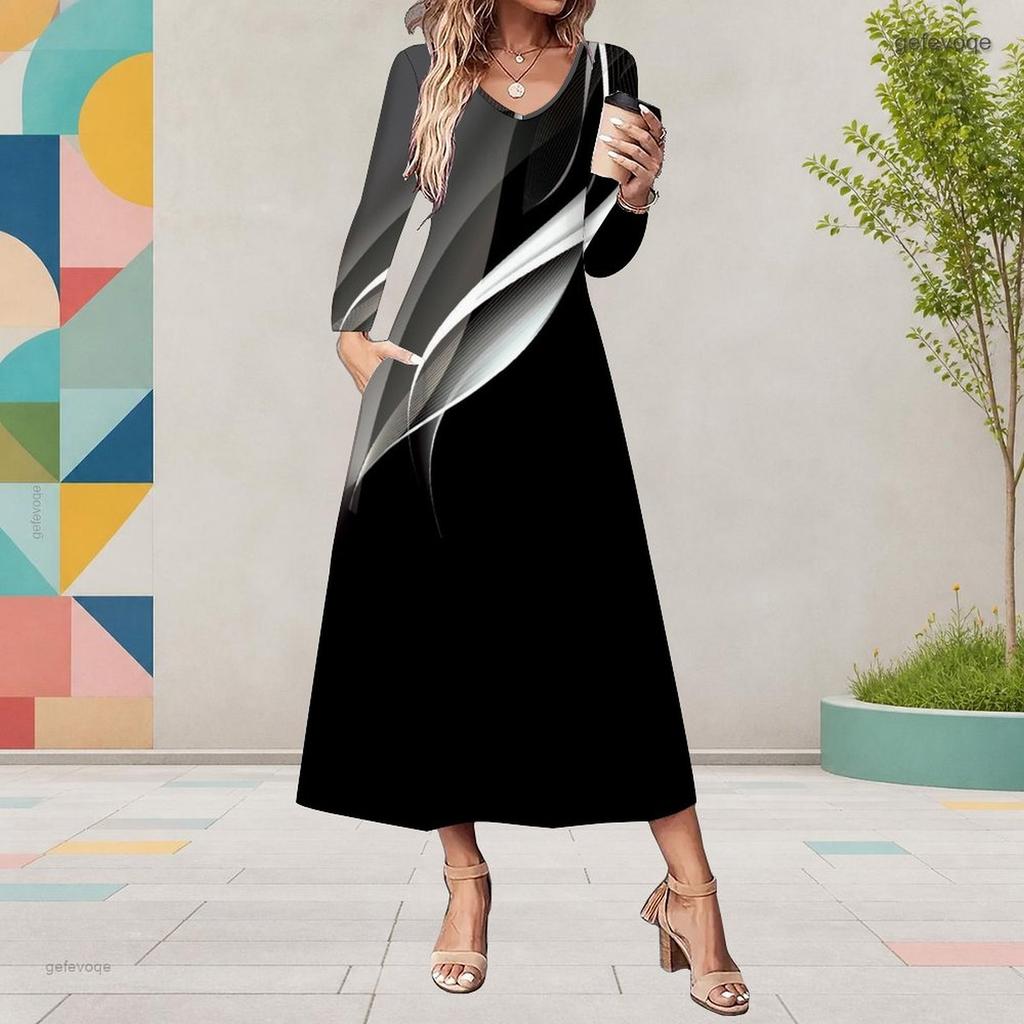 Women Plus Size V Neck Long Sleeve Black White Printed A Line Midi Dress With Pockets