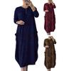 Women Maxi Dress Oversized Long Sleeve O Neck Color Matching Leopard Print Pockets Ankle Length Lady Fall Spring Dress
