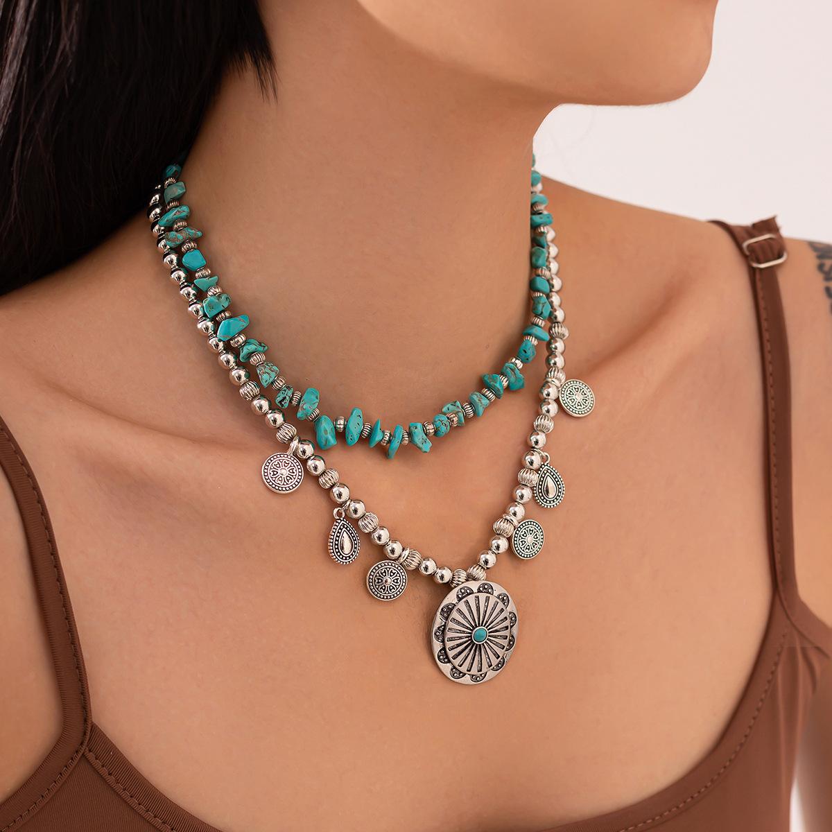 Ethnic Style Metal Pattern Tag Necklace, Retro Imitation Turquoise Necklace, Ccb Beaded Collarbone Necklace.