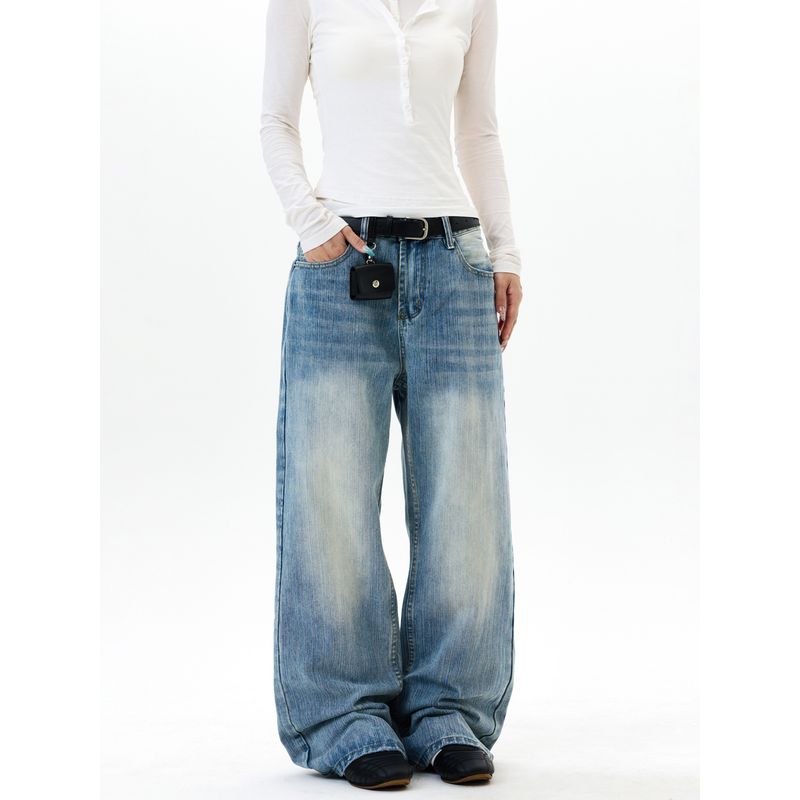 Kisko American Retro Bamboo Texture Washed Blue Drapey Jeans for Men and Women, Cool and Loose Straight-Leg Long Pants