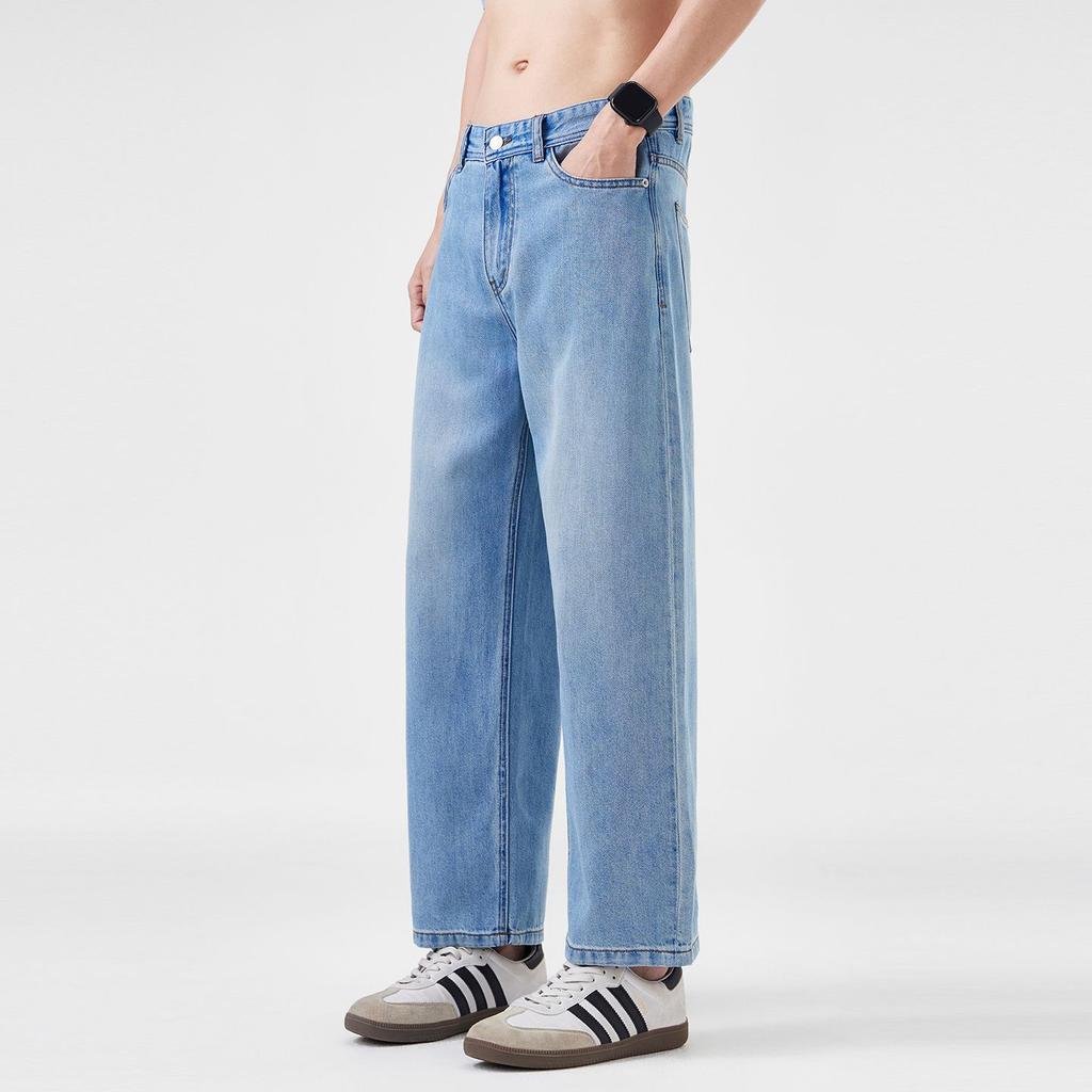 Spring new washed Lyocell jeans men's American high street trendy brand loose straight nine-point pants