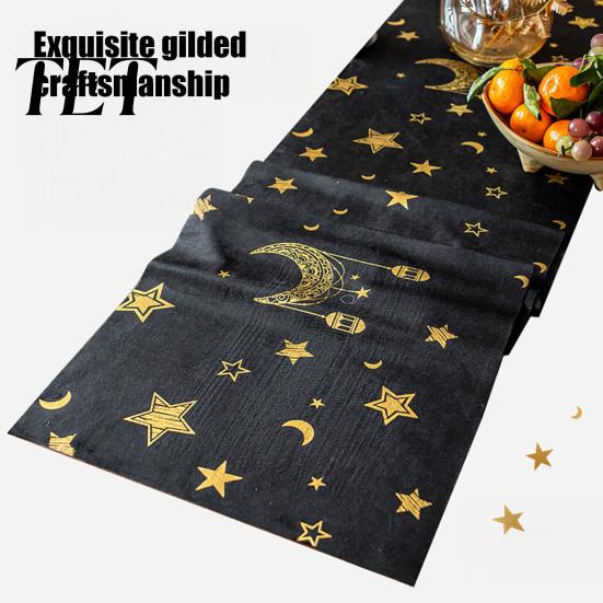 Elegant Velvet Table Runner Eid Mubarak Runner, Ramadan Gold Moon Stars Tablecloth, Islamic Happy Luxury Dining Linen Holiday Rectangular Cloth