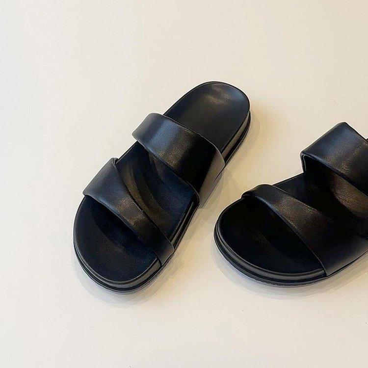 

Soft leather version~ New round head open-toed wear cool slippers women s thick bottom comfortable and versatile leisure beach one-word drag summer 35