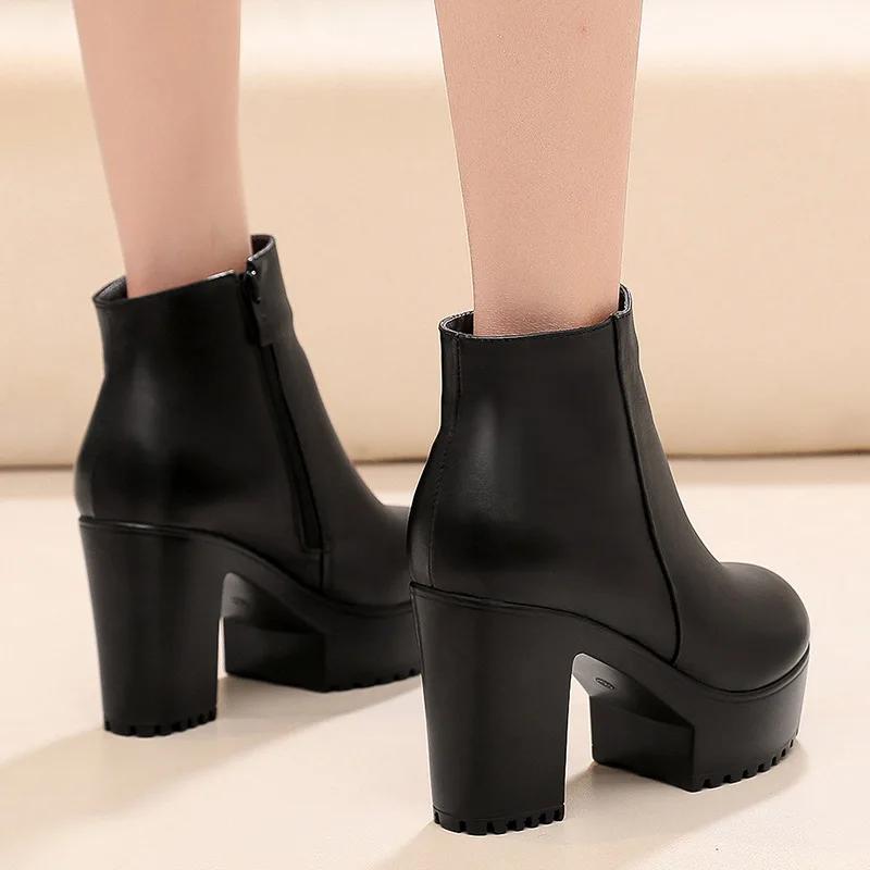 8cm 10cm Small Size 33-43 Thick Bottom Platform Shoes Ankle Boots with Fur 2025 Block High Heels Genuine Leather Boots Office