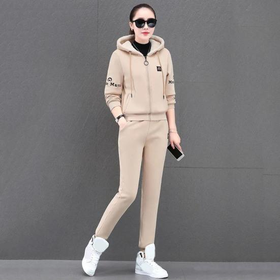 2 Teile/satz Frauen Mantel Hosen Anzug Mit Kapuze Kordelzug Brief Stickerei Dicken Plüsch Lange Sleeve Zipper Verschluss Taschen Elastische Taille Dame winter