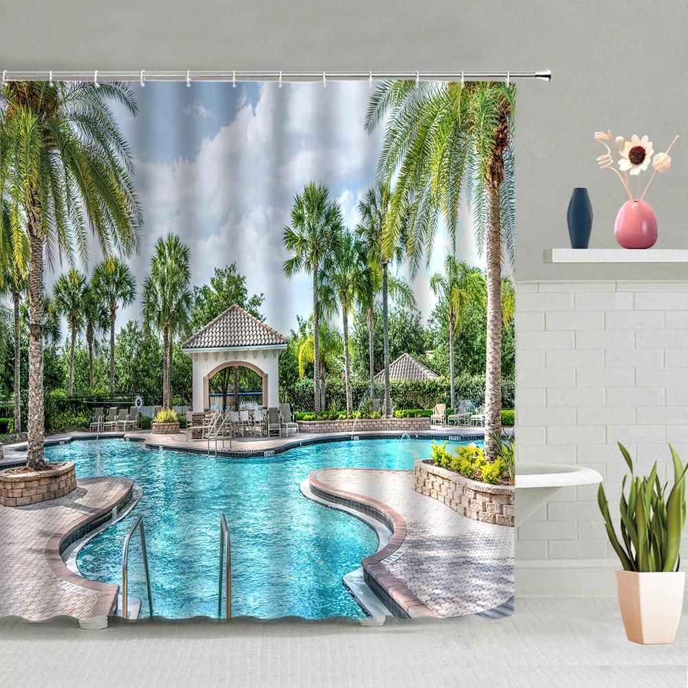 Swimming Pool Printed Shower Curtain Exercise Hobby Leisure Activity Theme Waterproof Fabric Bathroom Decor Screen with Hooks