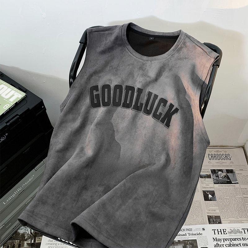 220GSM Unisex Sleeveless T-shirt Summer Suede Vest American High Street Vintage Oversized T-shirt