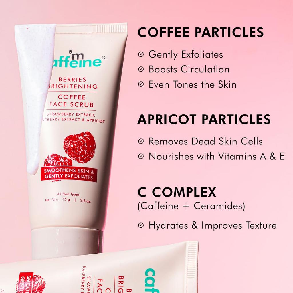 mCaffeine Berries Brightening Coffee Face Scrub Gentle Exfoliating Face Polish For Smooth Radiant Skin Non Drying Formula Unisex Pack Of 2